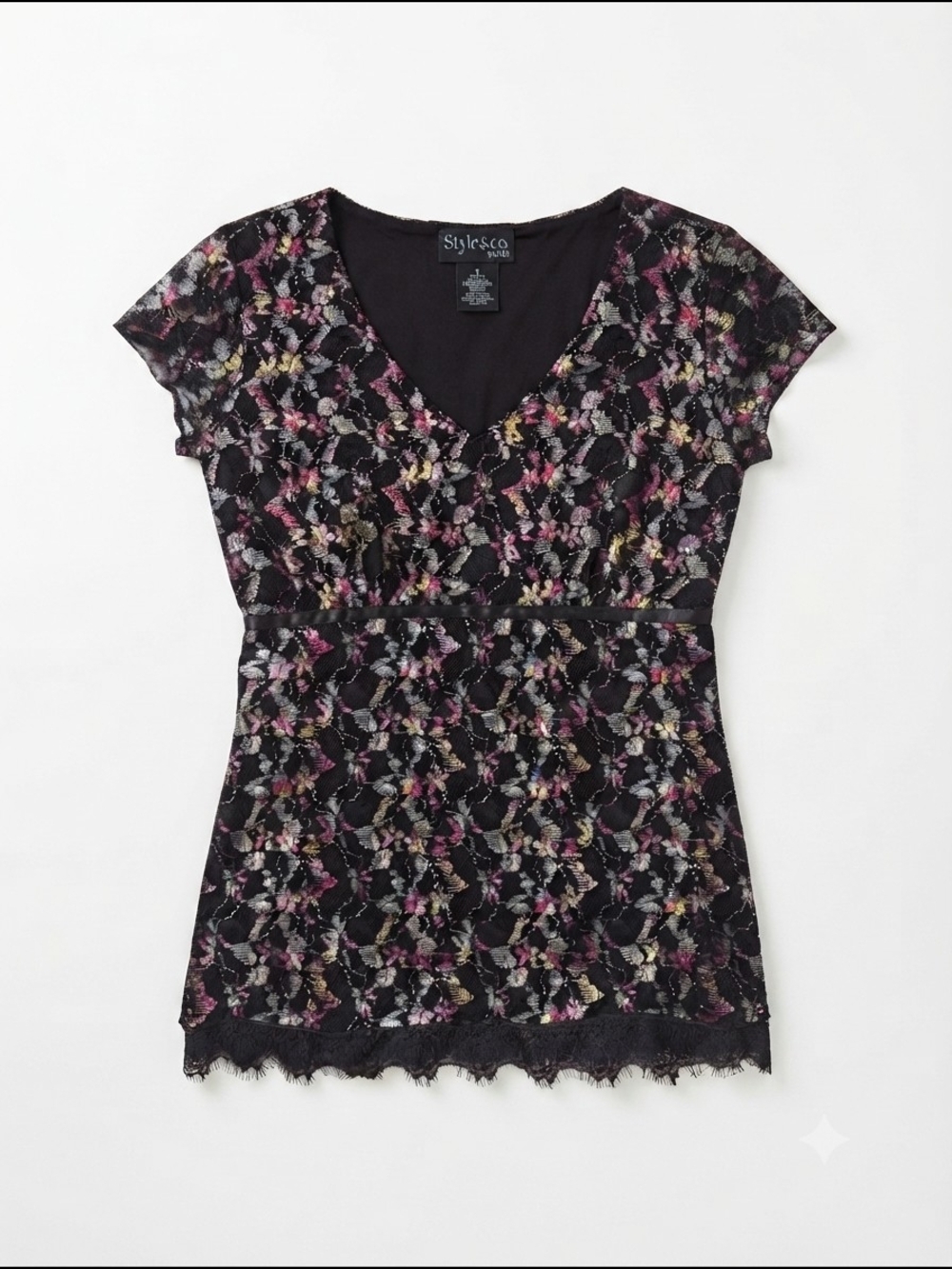Vintage! Style & Co. Black Floral Lace V-Neck Cap Sleeve Top with Pink Accents